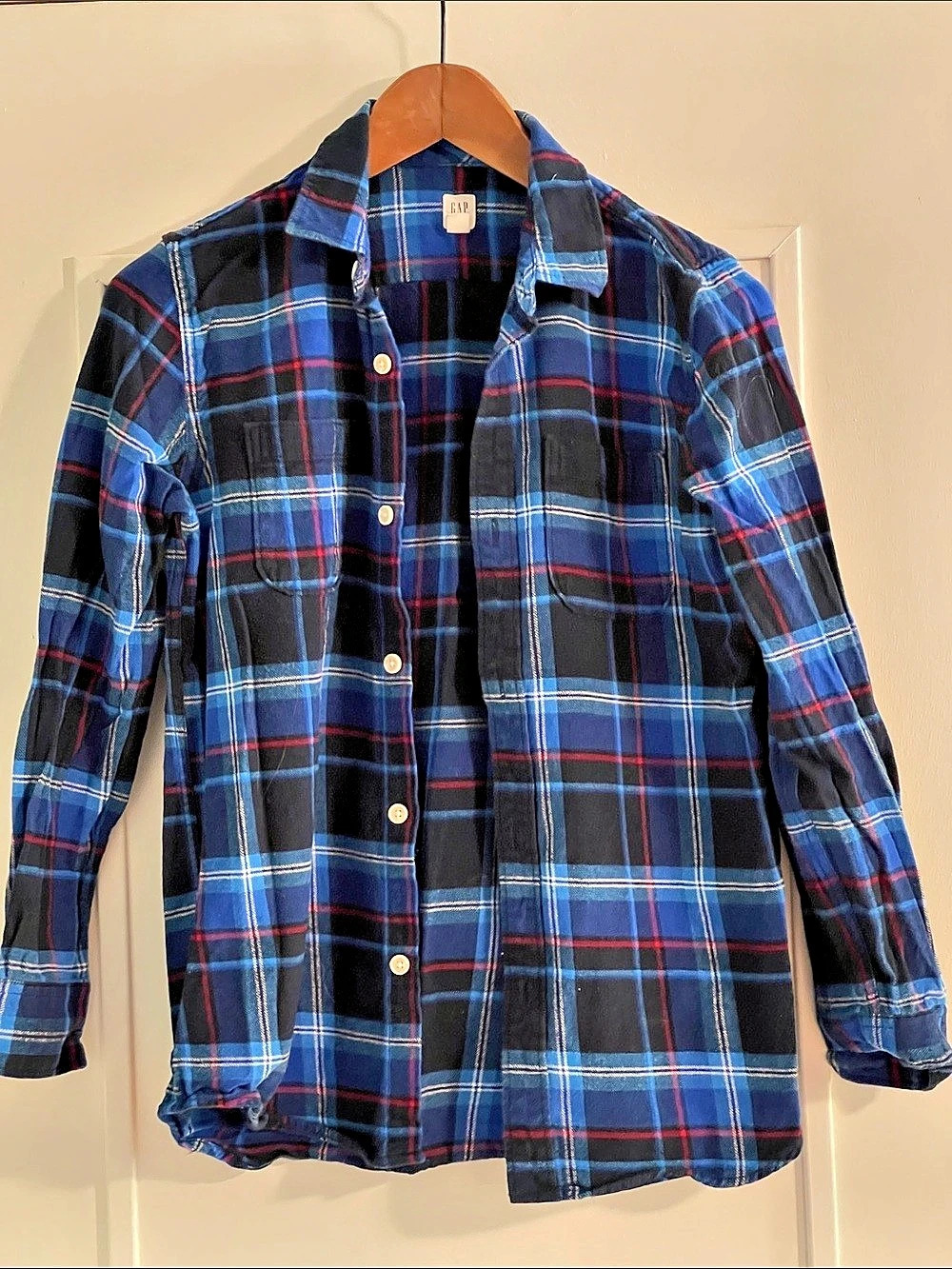 Gap Boys Long Sleeve Plaid Flannel Shirt Blue & Red XXL